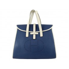 Hermes 08c Flap Bag Blue With Off-White Leather Trim
